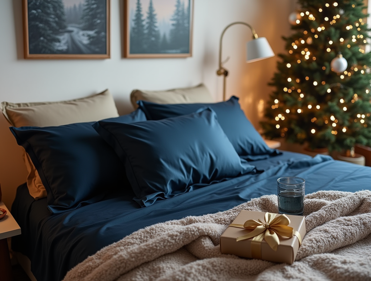 Classic Blue Satin Pillowcases Cristmas Set