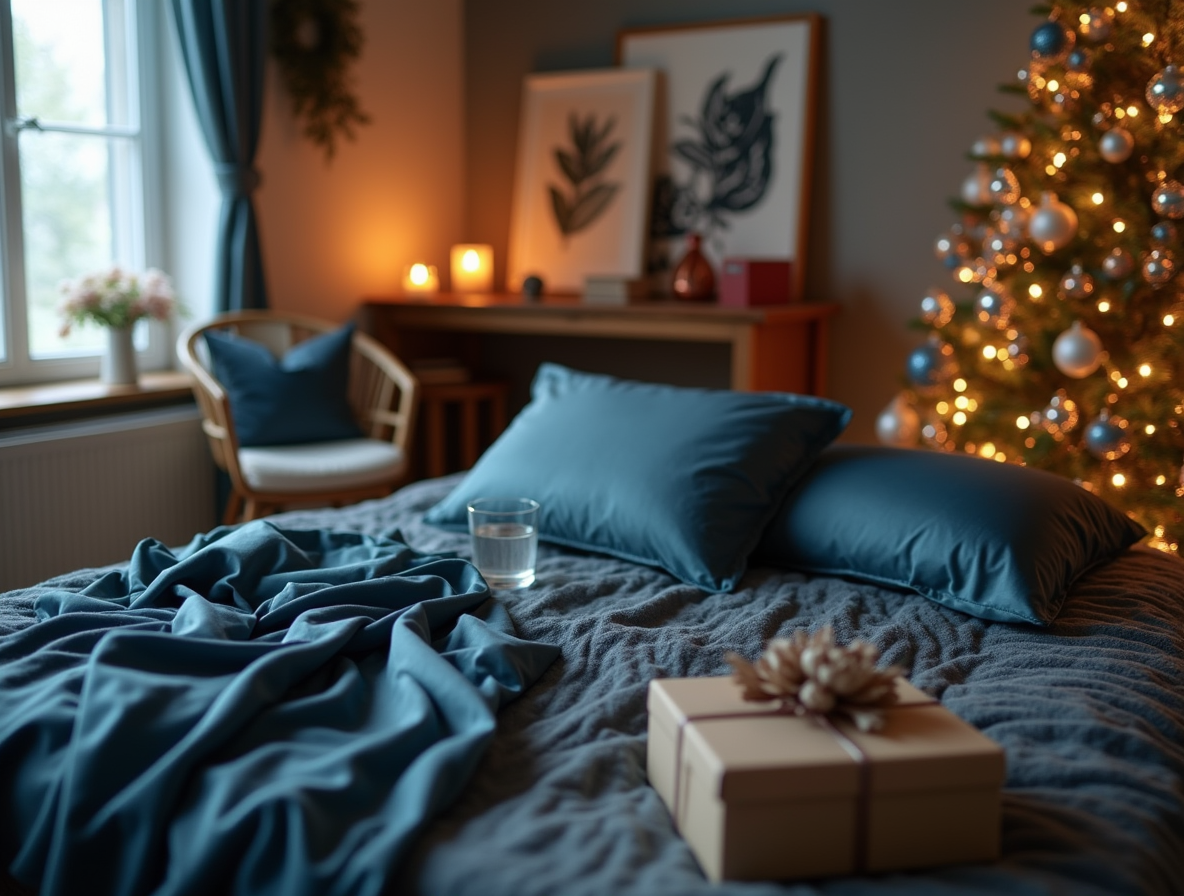 Classic Blue Satin Pillowcases Cristmas Set